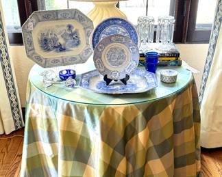 ($120; vintage painted swirl base table lamp; 26"h) ($130; antique "Ontario Lake Scenery platter by J. Heath; 15x12) ($200; pair of antique crystal regency lusters candle holders; 7"h) (SOLD; 36" round table with custom silk plaid, floor-length table cloth and glass top; 36"dx30"h)