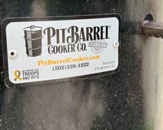 $240; Pit Barrel brand 18.5" base smoker with cover; 25x29; close up of the brand label