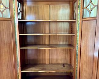$2200; authentic antique Austrian Biedermeier heirloom linen cabinet that has been passed down for generations, with beveled glass, inlaid wood design and curved door; 44x18x67; view of doors open and interior