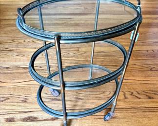 SOLD; small 3-tiered metal and glass tray table (each shelf has a removable glass tray, top shelf with handles); 16x12x21