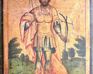 $350; rare antique, wood panel painting of Slavic warrior saint; 10x13