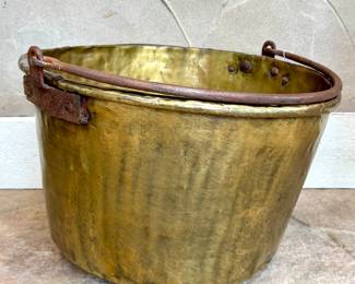 SOLD; amazing large copper pot with brass overlay and metal, hinged handle; 21"dx15"h