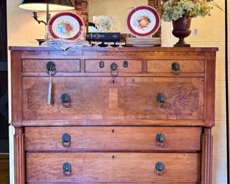 $2000; spectacular antique Georgian style 7-drawer dresser heirloom with inlaid wood and brass lion's head pulls (some small pieces of trim veneer has chipped off); 47x21x51