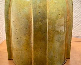 $120; Crate & Barrel glazed pottery table lamp; 10"dx19"h; close up of pottery details