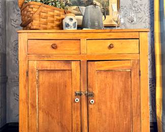 $600; American Colonial hand-crafted, primitive pine jelly cabinet with two doors and two drawers; 43x18x45