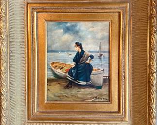 SOLD; original, signed painting "Girl with Row Boat" on board with gold frame; 17x20