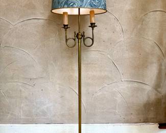 $300; brass candlestick floor lamp with swirl lamp shade; 14x10x53