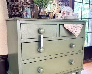 $350; green textured 4-drawer dresser; 36x18x31
