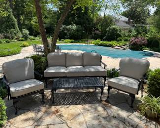 $3500; Summer Classics 5 Piece Set, cushions included. EXCELLENT condition! Set includes a side table that is not in the image. Only used for a short time. Couch, two side chairs, coffee table and side table. Seats have removable cushions. Basketweave metal pattern. This set retails for $9400!