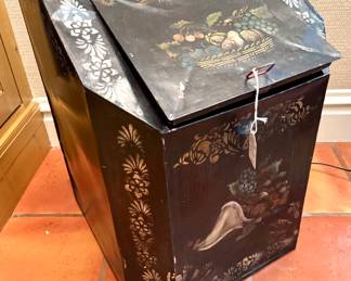 $180; vintage, tole pained, metal coal box; 17x18x22