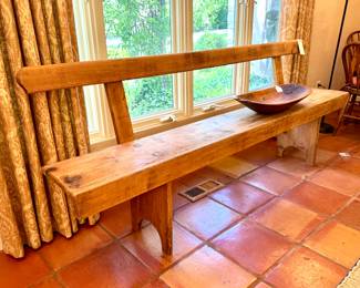 $800; primitive, pine bench with back; 84x15x32