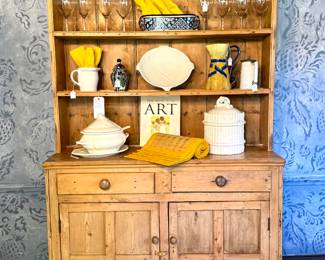 $800; American antique, hand-crafted, pine step-back cupboard with two drawers, two paneled doors and plate stands on the shelves; 49x19x80