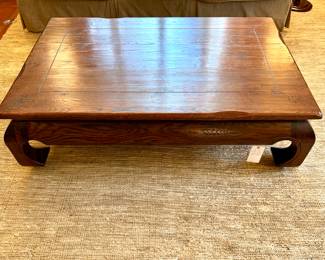 SOLD; Arhaus dark wood, distressed coffee table in beautiful condition; 55x36x16