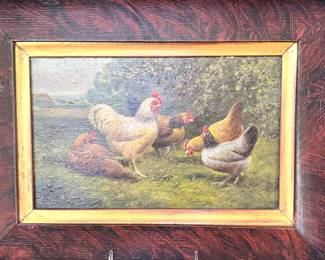 SOLD; framed original oil on board or white rooster; 16x12