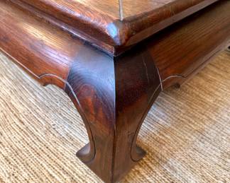 SOLD; Arhaus dark wood, distressed coffee table in beautiful condition; 55x36x16; close up view of the carved details