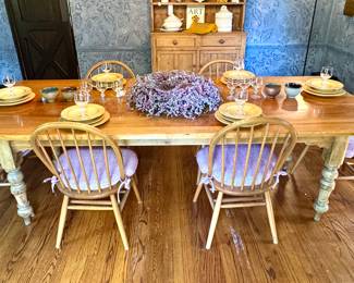 SOLD; custom-made table top attached to an antique apron and legs, set of 6 Windsor chairs (2 arm, 4 side) with custom cushions; stunning artistry and extra long for large groups; 98x40x31