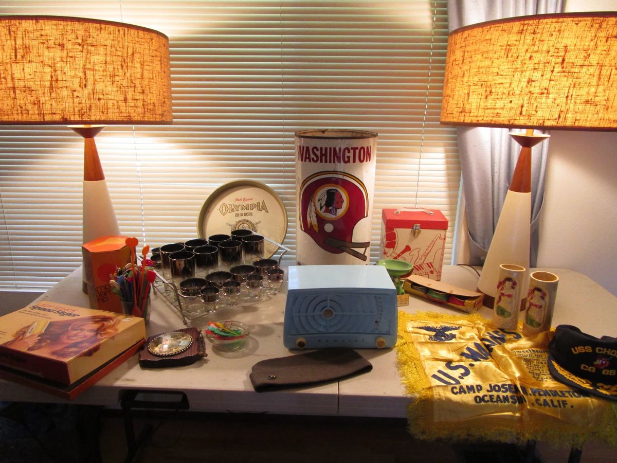 Mid Century Modern lamps possibly Martz, Mercury glass fade bar set, Tube radio, Tiki, vintage Washington Redskins, waste basket