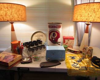 Mid Century Modern lamps possibly Martz, Mercury glass fade bar set, Tube radio, Tiki, vintage Washington Redskins, waste basket