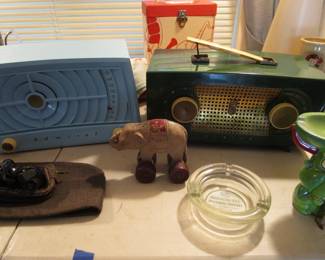 2 vintage tube radios Admiral rare blue and Zenith green bakelite, Hubley Jumbo, vintage ashtrays