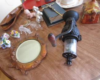 Old mirror, coffee grinder, figurines and more