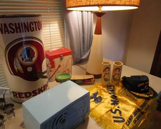 Washington Redskins vintage waste can, Tube radio, vintage Korea war era Marines hat and silk