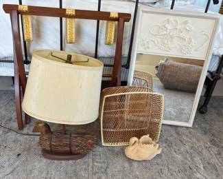 Primitive Style Chicken Lamp, Mirror, And Luggage Rack
