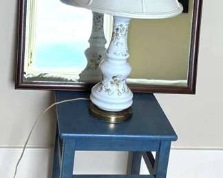 Painted Milk Glass Lamp, Mirror And Small Table
