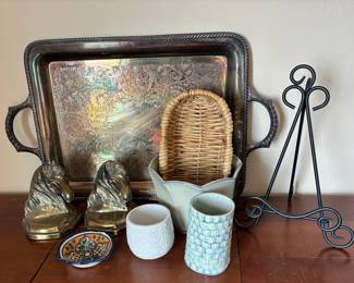 Cast Brass Horse Head Bookends, Silverplate Tray And More