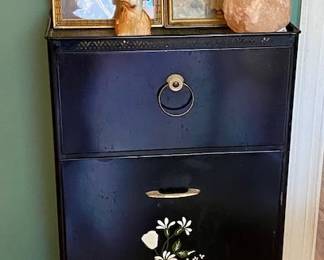 Vintage Laundry Hamper. Pictures of Jesus, Salt Lamp and porcelain dog.