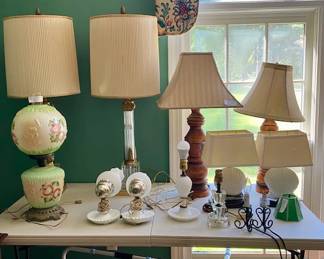 Misc. vintage lamps. Hobnail lamp and sconces, two wood turned lamps by the estate owner, pair of shell lamps, etc.