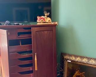 Lingerie Chest with TV. Vintage Novelty lamp with deer driving car with man on hood.