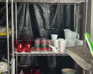 milk glass pitcher and glasses, pattoery