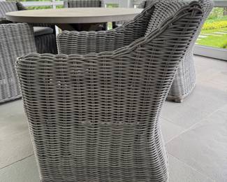 RH Belgian Trestle Concrete & Teak Round Dinning Table & Set of 6 RH Provence Bucket Dining Chairs in Grey with Perennials High-Performance Cushions. Table Measures 60" D. Each Chair Measures 26"W x 27½"D x 33"H with 26" Arm Height. Photo 4 of 4.