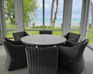 RH Belgian Trestle Concrete & Teak Pedestal Dinning Table & Set of 6 RH Provence Bucket Dining Chairs in Grey with Perennials High-Performance Cushions. Table Measures 60" D. Each Chair Measures 26"W x 27½"D x 33"H with 26" Arm Height. Photo 1 of 4.