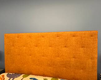 Orange Upholstered Queen Head Board with Platform Frame.