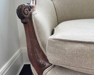 Antique Settee Upholstered in Neutral Fabric. Measures 48” W x 30” D. Photo 3 of 4.