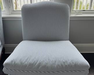 Pair of Queen Anne Style French Ticking Upholstered Slipper Chairs. Each Measures 34" W x 29" D. Photo 1 of 3.