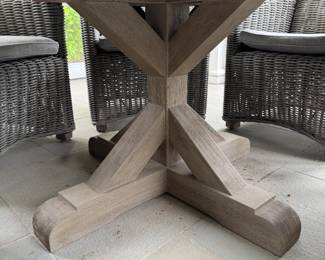RH Belgian Trestle Concrete & Teak Round Dinning Table & Set of 6 RH Provence Bucket Dining Chairs in Grey with Perennials High-Performance Cushions. Table Measures 60" D. Each Chair Measures 26"W x 27½"D x 33"H with 26" Arm Height. Photo 2 of 4.