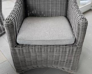 RH Belgian Trestle Concrete & Teak Round Dinning Table & Set of 6 RH Provence Bucket Dining Chairs in Grey with Perennials High-Performance Cushions. Table Measures 60" D. Each Chair Measures 26"W x 27½"D x 33"H with 26" Arm Height. Photo 3 of 4.
