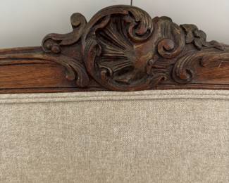 Antique Settee Upholstered in Neutral Fabric. Measures 48” W x 30” D. Photo 4 of 4.