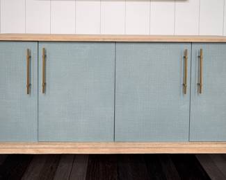 Serena & Lily Wooster Sideboard. Cerused Oak, Brass Pulls and Hand-Painted Linen Doors. Measures 74" W x 18" D x 32" H. Photo 1 of 4.
