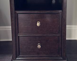 Pair of Stanley Furniture Bedside Tables In Mahogany Finish. Each Measures 22" W x 18" D x 34" H.