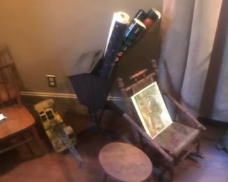 Sewing chest, antique childs rocking chairs, vintage toys, posters, step stool!