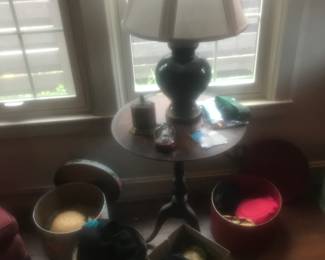 Table lamp and old hats with boxes!