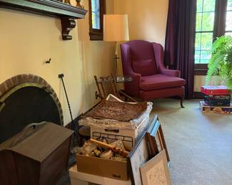 Sewing chest and collectibles, floor table lamp, Pennsylvania House wingback chair!
