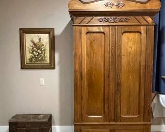 ANTIQUE OAK ARMOIRE, OLD TRUNK