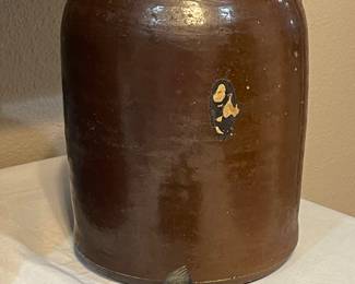 STONEWARE BROWN JUG, CAST IRON WOODPECKER TOOTHPICK HOLDER