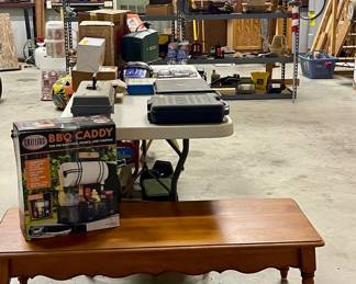 SOLID WOOD END TABLE, BBQ CADDY, METAL SHELVING