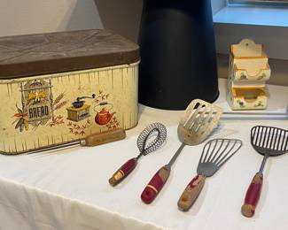 VINTAGE TIN BREAD BOX AND RED HANDLED KITCHEN UTENSILS, VINTAGE MATCH HOLDER