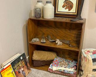 RECORDS, WOOD SHELF, OLD STONEWARE FRUIT JARS, OLD QUILTS